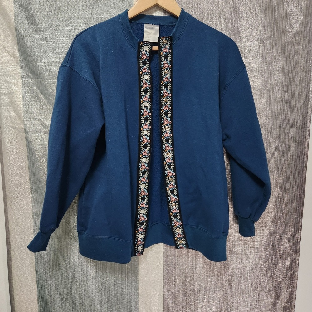 Vintage Crossbow Teal Blue Floral Tapestry Trim Snap Front Cardigan Sweatshirt L